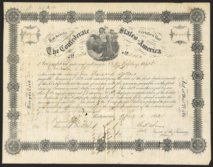 Act of December 24, 1861. $10,000. Cr. 108, B-143. No. 2104. As previous. Reverse with three endorsement.  Signed by Jones. Show-through from endorsements, edge and fold wear,
about VF. From The Holger Dreher Collection