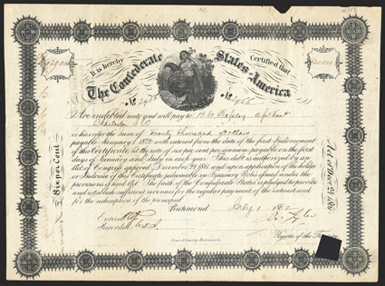 Act of December 24, 1861. $20,000. Cr. 108, B-143. No. 2966. As previous. Signed by Tyler. Cut cancelled. Interest Paid stamp, Charleston. Piece out from cut cancel at top,
large cancel square at lower right, about VF. From The Ho