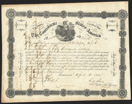 Act of December 24, 1861. $50,000. Cr. 108, B-143. No. 2053. As previous. Signed by Jones. Interest Paid stamp, Richmond. Edge wear and toning, folds, show-through from pen
transfer on verso, about VF. From The Holger Dreher Colle