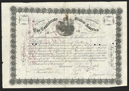 Act of December 24, 1861. $5000. Cr. 109, B-146. No. 8052. Commerce with cornucopia at center. Handwritten denomination. Signed by Tyler. Issued to and signed by Elmore on the
reverse. Punch and pen cancels, transfers on verso. Ink stain at v