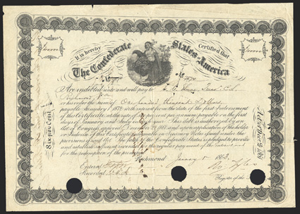 Act of December 24, 1861. $100,000. Cr. 109, B-146. No. 7874. Ceres with cornucopia and caduceus. Signed by Tyler.  Large cancellation holes at bottom. Edge wear and soiling,
folds, about VF. From The Holger Dreher Collection