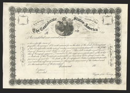 Act of December 24, 1861. Unissued. Cr. 109, B-146. No serial number. Commerce with cornucopia, center. Unissued and unsigned. Soiling in top edge, one tiny spot of foxing in
right margin, but sharp and VF+.
