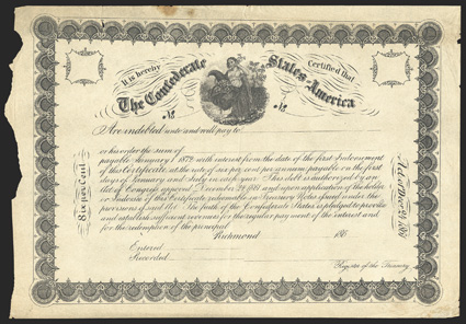 Act of December 24, 1861. No Value Listed. Cr. 109, B-146. Unissued Remainder. As previous. Unsigned. Irregular left edge, staining and chipping of edges, but a clean face,
Fine. From The Holger Dreher Collection