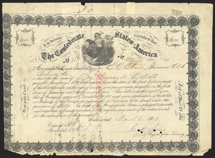 Act of December 24, 1861. $1000. Cr. 109, B-146a. No. 8510. Border Variety 3. Ceres with cornucopia and caduceus. Issued to and signed by Elmore on reverse. Made payable in
notes dated December 2, 1862. One of the last ones issued. Written
