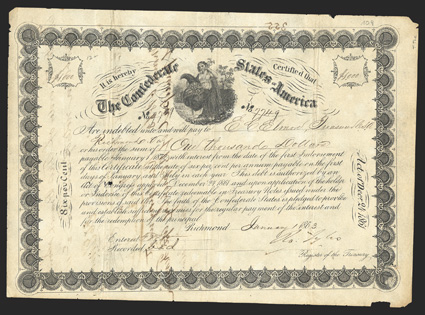 Act of December 24, 1861. $1000. Cr. 109, B-146a. No. 7749. As previous. Issued to and signed by Elmore on the reverse. Signed by Tyler. Edge wear including some chipping, tape
repairs to edges on verso, Fine. From The Holger Dreher C