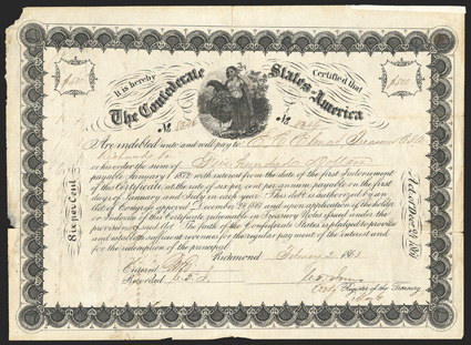 Act of December 24, 1861. $500. Cr. 109, B-146a. No. 8346. As previous. Issued to Elmore and signed on reverse. Signed by Jones. Edge wear including top left corner out, fold
wear with edge splits, toning, a sharp Fine. From The Holge
