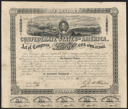Act of April 12, 1862. $100. Cr. 110. Criswell Plate Bond. B-147. No. 62. Portrait of C.G. Memminger, center, with view of Richmond, Virginia from the west behind, left and
right. Signed by Rose. 15 coupons below. Engraved by Geo. Dunn & C