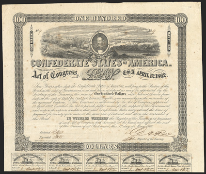 Act of April 12, 1862. $100. Cr. 110, B-147. No. 9. As previous. Signed by Rose. 15 coupons below with small steamboat on each. Foxed, fold wear, toned, VF. From The Holger
Dreher Collection