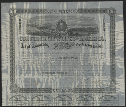 Act of April 12, 1862. $100. Cr. 110, B-147. No. 69. Signed by Rose. Number 69 of 381 known issued. 15 coupons below. Extensive staining from exposure to flood waters in
tropical storm Allison in 2001 while stored in a folder with black const