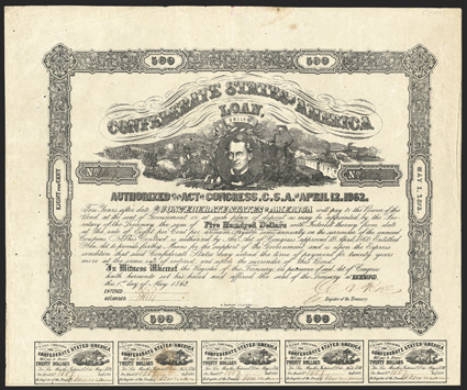 Act of April 12, 1862. $500. Cr. 111, B-148. No. 1507. C.G. Memminger at center surrounded by a representation of the Battle of Shiloh. Signed by Rose. 15 coupons below. B.
Duncan. A few spots of toning in top margin and coupons, pinholes, bu