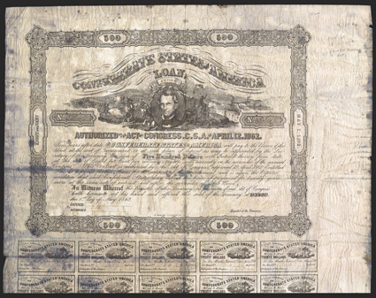 Act of April 12, 1862. $500. Cr. 111, B-279. No. 5547. One of 18. As previous, but issued for the amendatory Act of April 27, 1863. Signed by Rose. 15 coupons below. Edge and
fold wear, heavily wrinkled and stained from flood waters in tropic