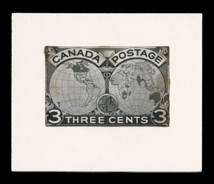 1898 3c Imperial Penny Postage photographic essay, a stamp size photo of the ink line and wash drawing listed in Minuse & Pratt 85E-A, mounted on card, very fine and unusual
this is one of two 3c designs for the Imperial Penny Post issue (see t