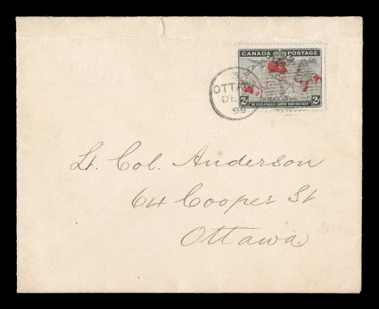 1898 2c Black, lavender and carmine Imperial Penny Postage, first day cover, fresh single franking paying the local rate in the city of Ottawa, tied by OttawaDE 7 98 duplex
with numeral 1, small edge tear at top of cover with horizontal fold