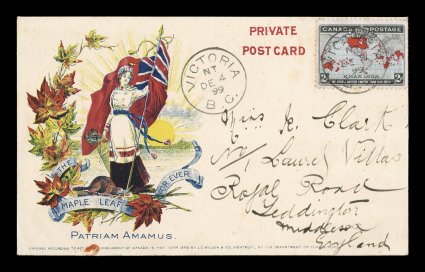 1898 2c Black, blue and carmine Imperial Penny Postage, pretty single tied to lovely post card with gorgeous multicolor patriotic design inscribed The Maple Leaf For Ever and
Patrium Amamus (our love of home land), stamp tied by VictoriaB.C