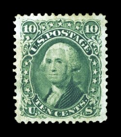 68, 10c Yellow green, a phenomenal mint example, possessing remarkable physical characteristics that rarely converge on a single stamp from this era, including being precisely
centered amid extravagantly large margins, rich luxuriant color and a