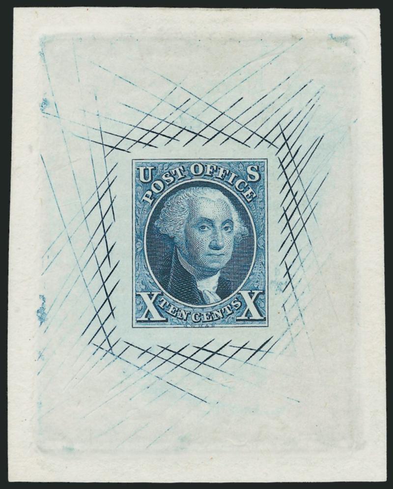 10c Blue, 1847 Issue, Large Die Trial Color Proof on India (2TC1).> 50 x 64mm with full die sinkage, bright color, tiny thin spot at top as often found, otherwise Very Fine