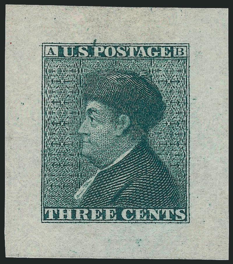 Gavit & Co., 3c Franklin 1851 Die Essay on Bond (11-E3d).> Three, Black, Green and Scarlet, approximately 27 x 30mm, bright colors, fresh and Very Fine