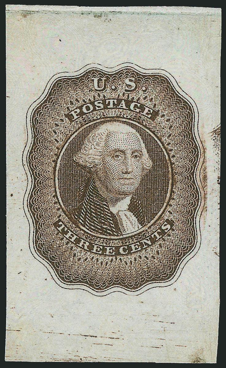 Bald, Cousland & Co., 3c Washington 1851 Die Essay on Bond (11-E14b).> Three, Black, Brown and Blue, approximately 25 x 42mm, Fine-Very Fine