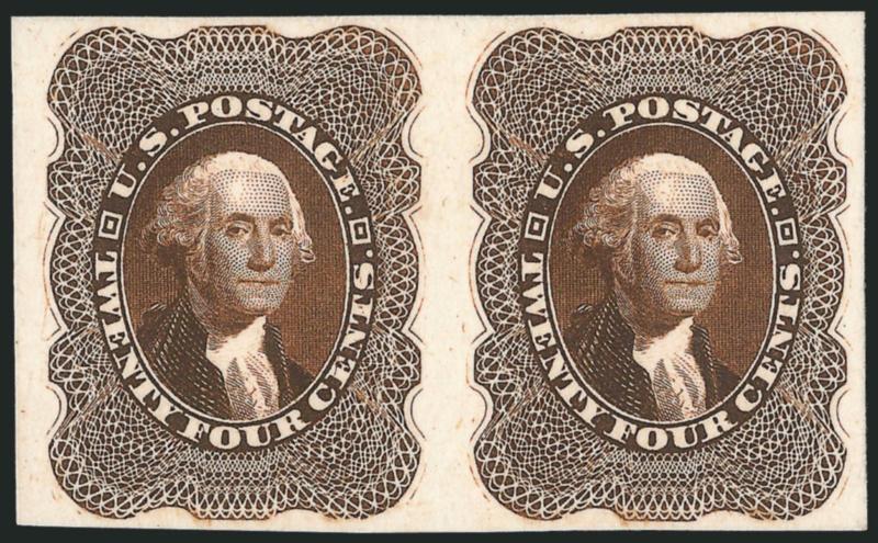 1c-90c 1857 Issue Reprints, Atlanta Trial Color Proofs (40TC5-47TC5).> Horizontal pairs of each in the Brown color, large margins, rich colors, Very Fine and choice, a scarce set of multiples, Scott Retail as
singles