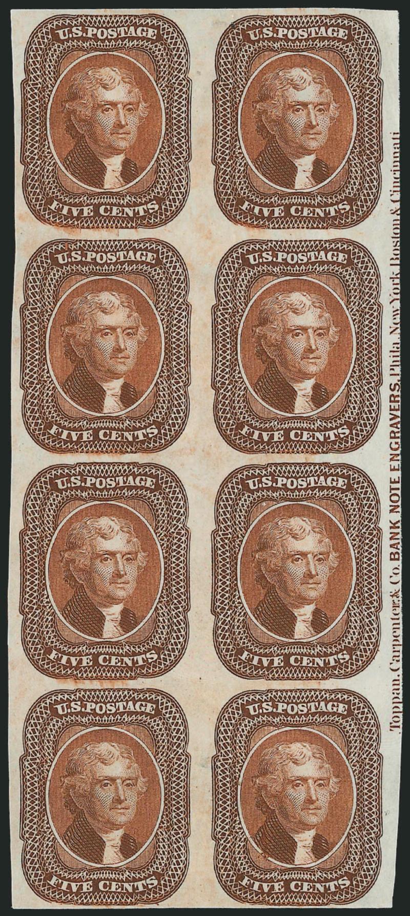 5c Orange Brown, Ty. II, Plate Proof on India (42P3).> Right margin block of eight with <full imprint,> large margins to clear other sides, beautiful color, few small flaws often associated with this fragile
paper, Very Fine appearance, scarce multip