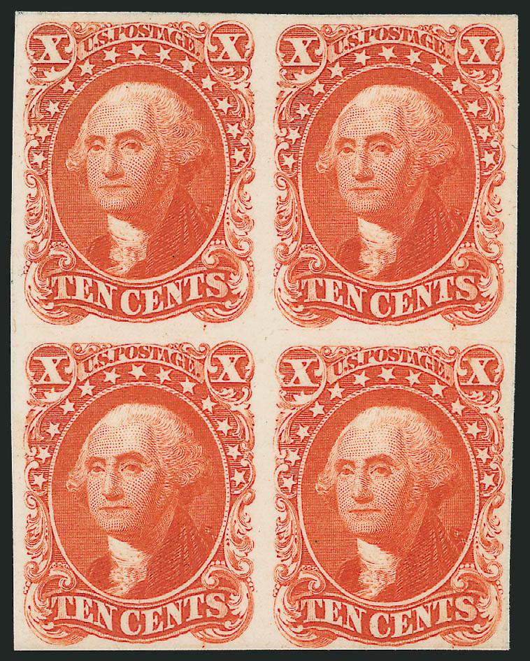 10c 1875 Reprint, Atlanta Trial Color Plate Proofs (43TC5).> Blocks of four of Black, Scarlet, Brown and Blue, large margins, rich colors, fresh and Very Fine, scarce blocks, Scott Retail as singles