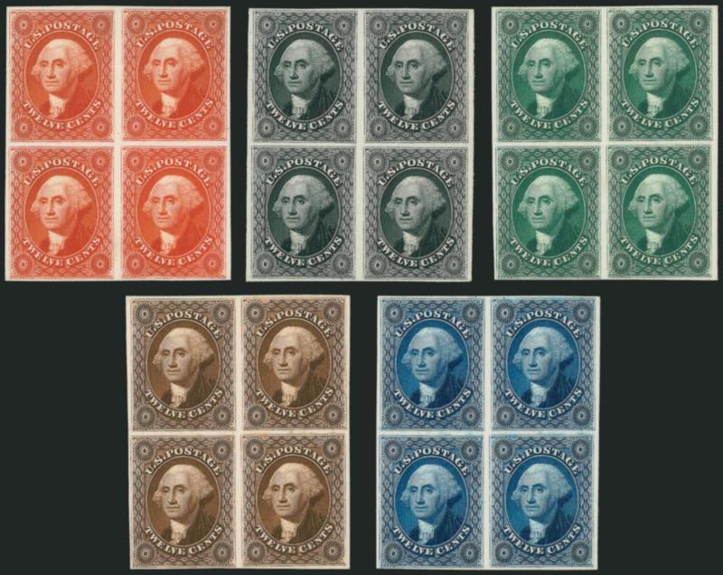 12c 1851 Issue, Atlanta Trial Color Proofs (44TC).> Blocks of four in all five issued colors, large to huge margins all around, vivid colors<><>^EXTREMELY FINE. A RARE COMPLETE SET OF BLOCKS OF FOUR OF THE
12-CENT 1851 ISSUE PREPARED FOR THE ATLANT