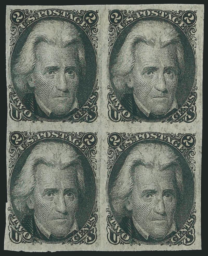 2c Black, Francis Patent Essay (73-E).> Block of four, original gum, lightly hinged, large margins to clear, intense shade, Very Fine
