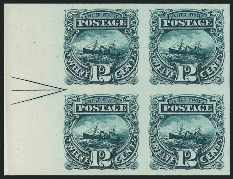 1c-12c 1869 Pictorial Issue, Plate Proofs on India (112P3-117P3).> Bocks of four with <sheet margin and arrow at left,> mounted on cards <<before printing>> and thus free from the usual defects that can plague
this fragile paper, with part of the arr