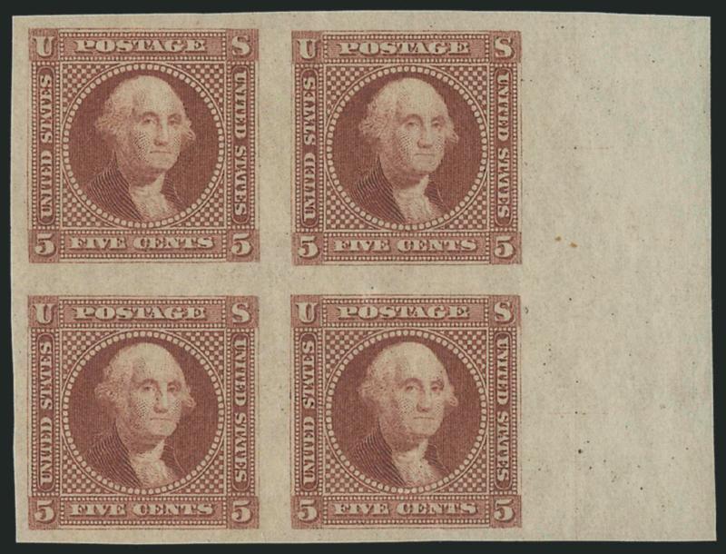5c Washington, Small Lettering, Plate Essay on Wove, Imperforate (115-E2c).> Block of four in the Dull Red Brown shade, huge margins incl. <sheet margin at right,> Mint N.H., bottom right stamp light crease,
Extremely Fine appearance, scarce with the