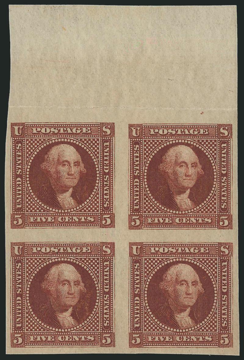 5c Washington, Small Lettering, Plate Essay on Wove, Imperforate (115-E2c).> Blocks of four in the Green and Dull Red Brown shades, large margins, first with sheet margin at right, second with sheet margin at
top, original gum, rich colors, Very Fine