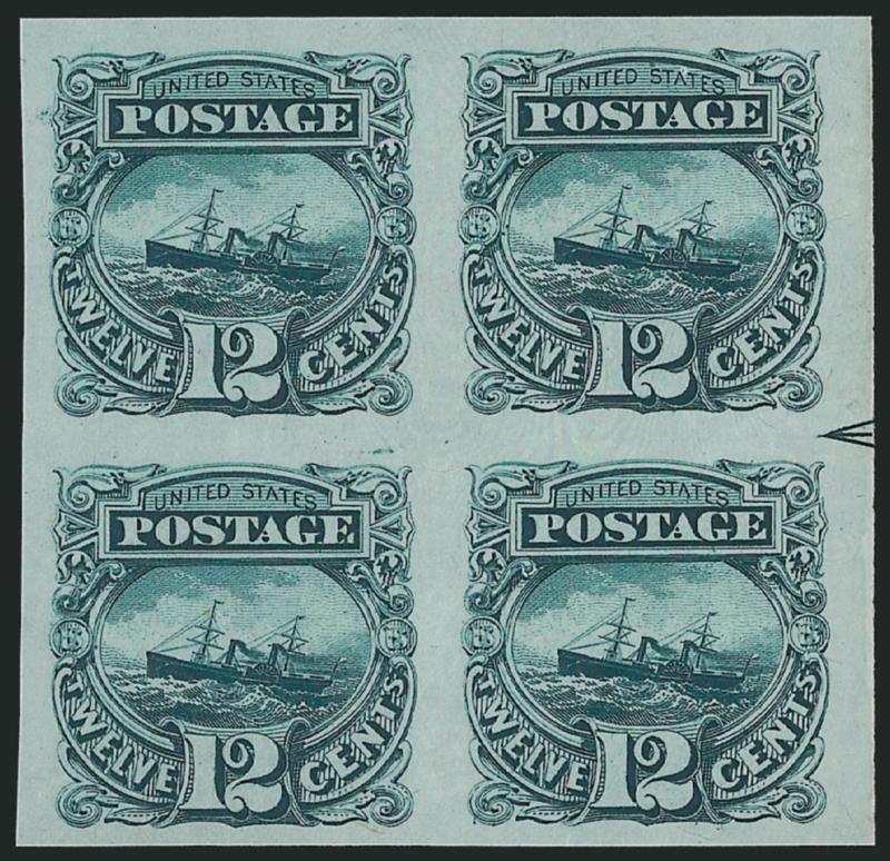 12c Green, Plate Proof on India (117P3).> Block of four with part side arrow at right, large margins, Extremely Fine, with 2002 P.S.E. certificate