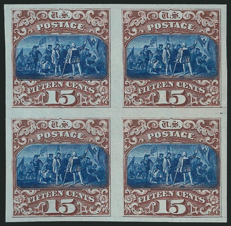 15c Brown & Blue, Ty. II, Plate Proof on India (119P3).> Block of four, huge margins, without the usual India paper imperfections, Extremely Fine, with 2002 P.S.E. certificate