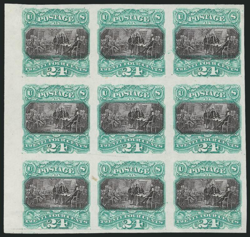 24c Green & Violet, Plate Proof on India (120P3).> Block of nine, huge margins incl. <sheet margin at left,> bright colors, insignificant thin spot at bottom left, appears Extremely Fine, Scott Retail as block
of four and five singles