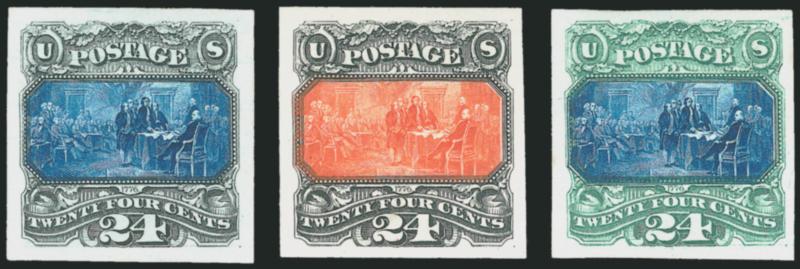 24c 1869 Pictorial, Atlanta Trial Color Proofs (130TC).> Complete set of twelve, large margins which are well clear of the design on every proof, radiant colors, clean backs<><>^EXTREMELY FINE. A PREMIUM
COMPLETE SET OF TWELVE OF THE SCARCE ATLANTA
