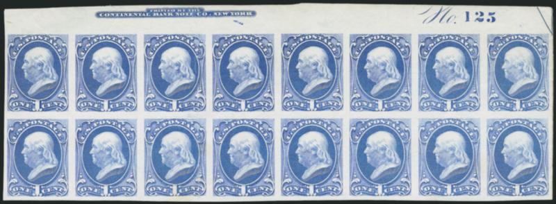 1c Ultramarine, Plate Proof on India (156P3).> Top imprint and plate no. 125 block of sixteen with part arrow, fresh color and choice margins, heavy partially broken crease through the third vertical pair,
otherwise Extremely Fine