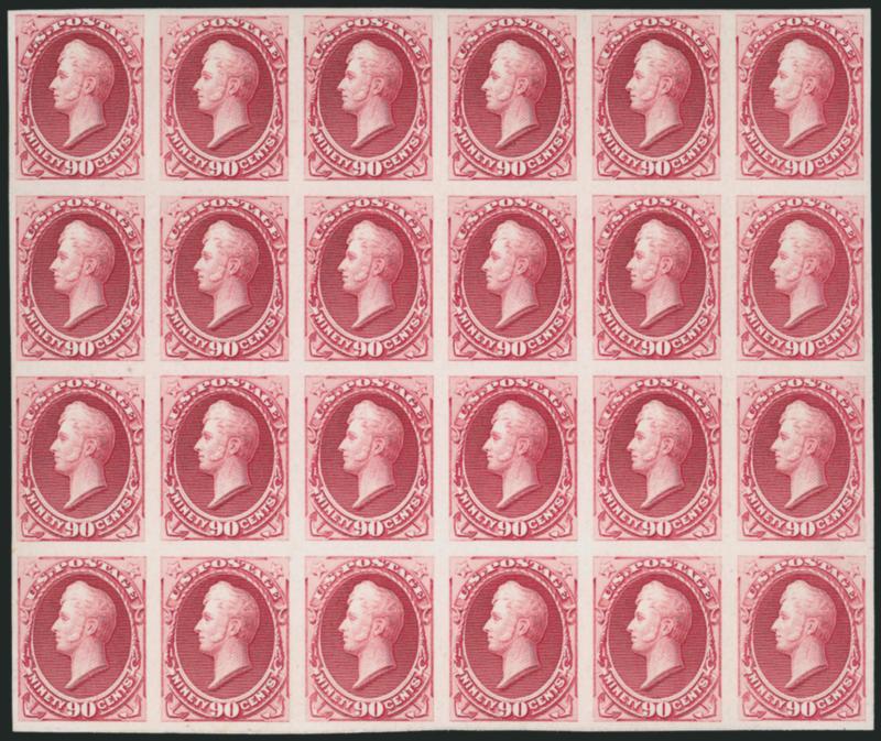 90c Rose Carmine, Plate Proof on Card (166P4).> Block of 24, large margins, brilliant color, Very Fine and choice, attractive and scarce large multiple which is highly exhibitable, Scott Retail as six blocks of
four