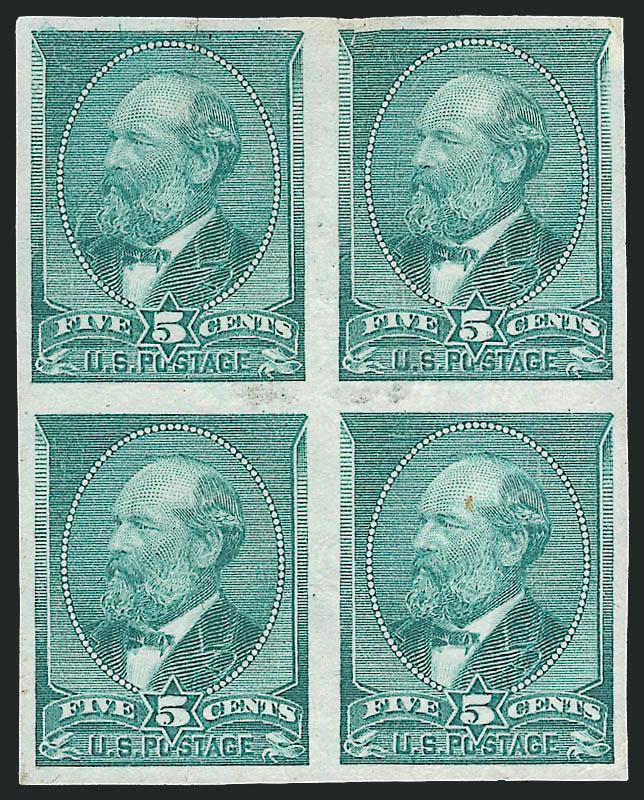 5c Green, Trial Color Plate Proof on India (205TC3).> Block of four, large margins, few paper flaws and small tear as often found on this fragile paper, appears Very Fine, Scott Retail as singles