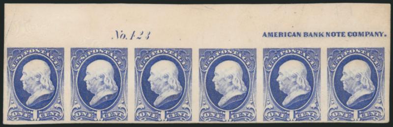 1c Blue, Plate Proofs on India, Card (206P3, 206P4).> Four items, incl. block of four on India, block of eight with plate no. on India, block of eight on card, top imprint and plate no. strip of six on card,
large margins, Very Fine