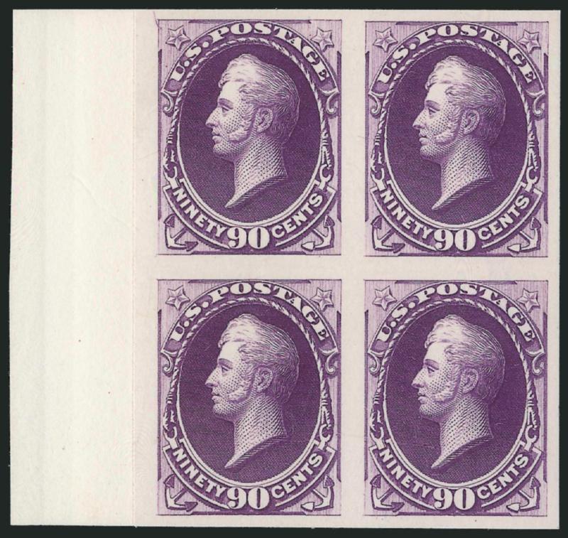 90c Purple, Plate Proof on India (218P3).> Block of four, large margins incl. <sheet margin at left,> deep rich color, on original card and therefore free from the defects that can plague this fragile paper,
Very Fine and choice