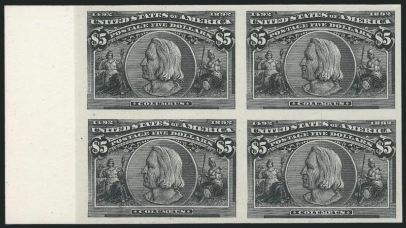 1c-$5.00 Columbian, Plate Proofs on India (230P3-245P3).> Complete set of blocks of four on original cards, each with <sheet margin at left,> large margins other sides, gorgeous colors throughout<><>^EXTREMELY
FINE. A STUNNING COMPLETE SET OF THE C
