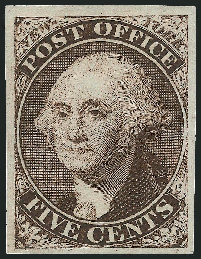 New York N.Y., 5c Washington, Trial Color Proofs on Bond (9X1TC).> Five, incl. Blue, Green, Brown, Scarlet and Black, large margins, Very Fine and choice