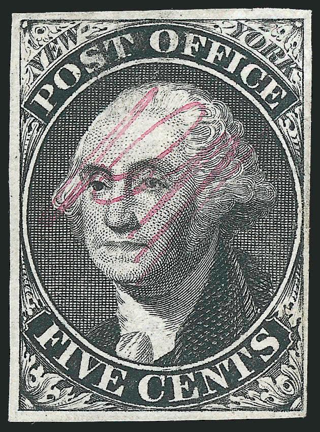 New York N.Y., 5c Black, ACM Initials (9X1).> Unused (no gum), large margins to full, intense shade, tiny printing ink spots at top, faint corner crease at top right, Very Fine appearance, with 2009 P.F.
certificate