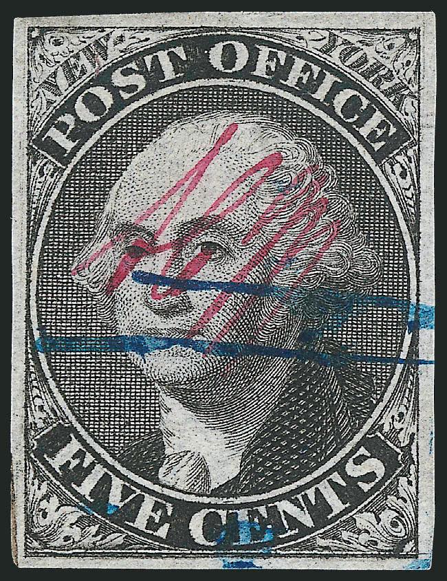 New York N.Y., 5c Black, AC M Initials (9X1a).> Position 31, bottom frameline double, large even margins all around, sharp impression, neat blue ms. cancel, Extremely Fine