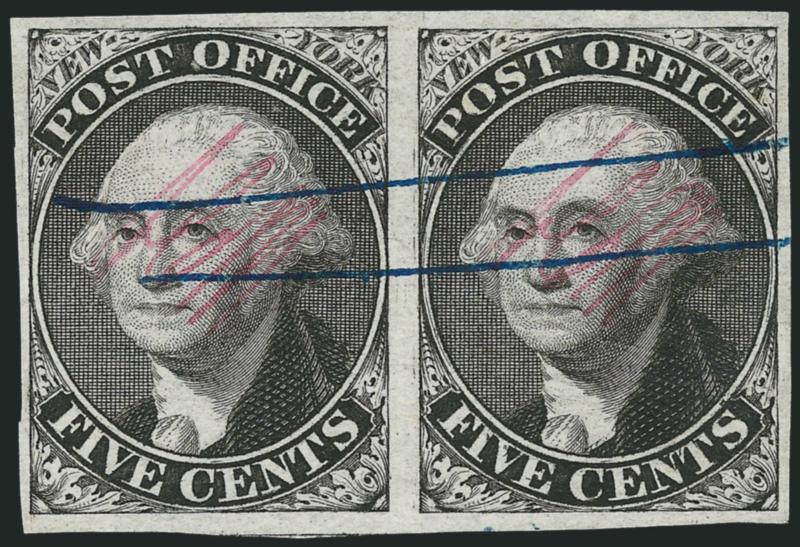 New York N.Y., 5c Black, ACM Initials (9X1).> Horizontal pair, large to huge margins all around incl. trace of stamp below, crisp shade and impression, neat blue two-line pen cancel, Extremely Fine Gem pair,
with 2007 P.F. certificate