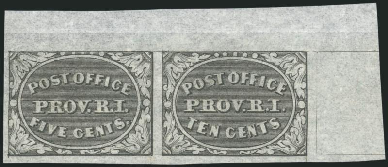 Providence R.I., 5c & 10c Gray Black, Se-Tenant (10X1, 10X2).> Three items: first is se-tenant pair, unused (no gum), large margins incl. top right corner sheet margin second is se-tenant pair of the Bogert
reprint, third is single with no period af