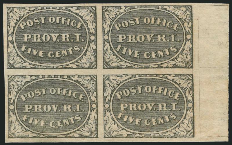 Providence R.I., 5c Gray Black (10X1).> Block of four with <right sheet margin,> original gum, lightly hinged, large margins, Extremely Fine, with 2004 P.F. certificate