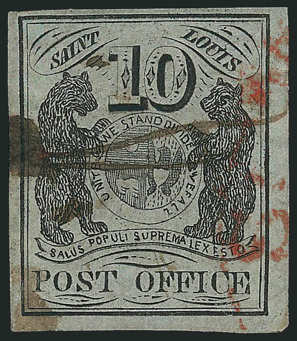 St. Louis Mo., 10c Black on Greenish (11X2).> Type III, Position 6, large margins to full, neat ms. cancel and also part of red circular datestamp at right<><>^VERY FINE. AN ATTRACTIVE EXAMPLE OF THE 10-CENT
ST. LOUIS POSTMASTERS PROVISIONAL ON GR