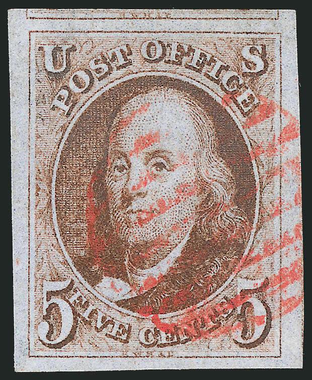 5c Red Brown (1).> Enormous margins all around incl. part of adjoining stamp at top, clear stitch watermark at bottom, gorgeous color nicely complemented by red grid cancel<><>^EXTREMELY FINE GEM. A MAGNIFICENT
USED EXAMPLE OF THE 5-CENT 1847 ISSUE