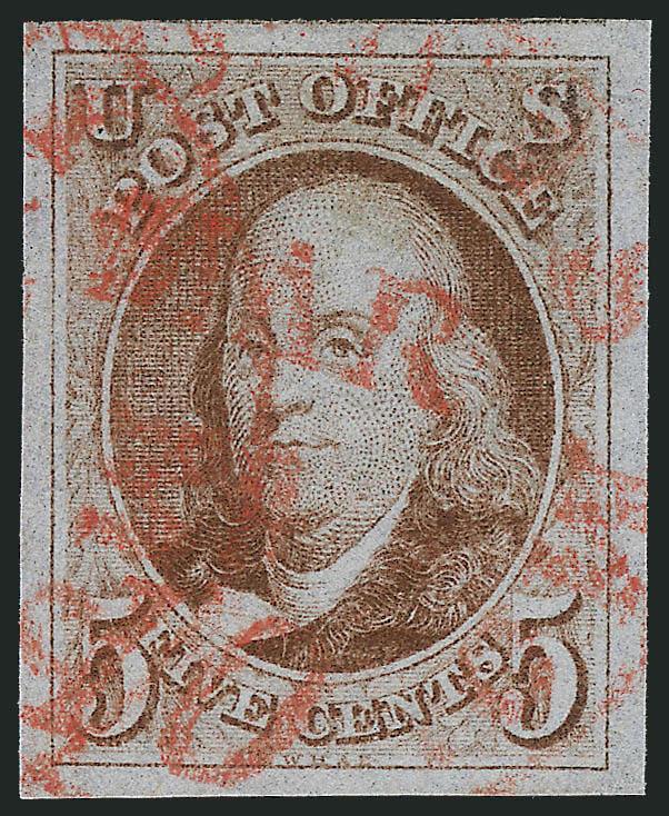 5c Red Brown (1).> Huge balanced margins, beautiful color and clear impression, neat red St. Louis Mo. circular datestamp with integral 10 rate visible on stamp<><>^EXTREMELY FINE GEM. A SPECTACULAR USED
EXAMPLE OF THE 1847 ISSUE 5-CENT RED BROWN