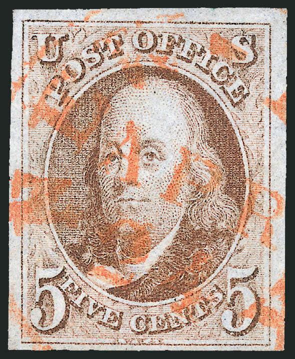 5c Red Brown (1).> Full to large margins, lovely bright color, cancelled by <orange-red> New-York Apr. 24 circular datestamp, Extremely Fine, with 2010 P.S.E. certificate (XF 90 SMQ $650.00 as least expensive
cancel)